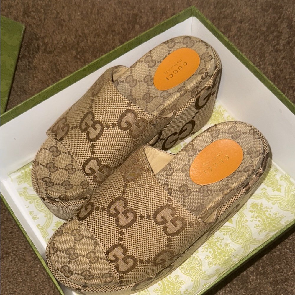 Gucci Brown GG Canvas Platform Slide Mules - Picture 2 of 6